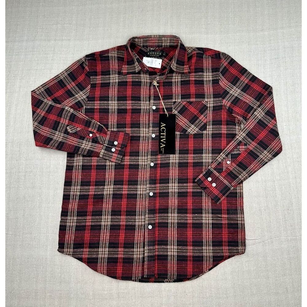 NWT Activa Large Red Black Plaid Button Front Long Sleeve Casual Flannel Shirt